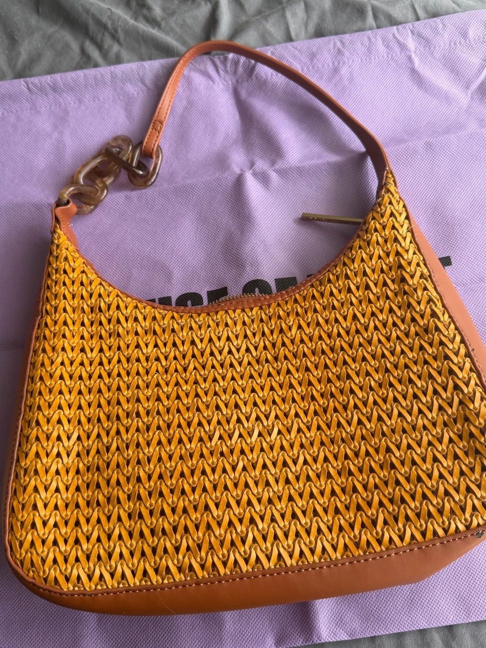Woven Shoulder Bag in Mustard Yellow with Tan Trim